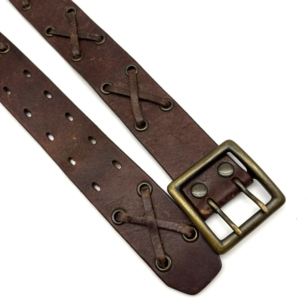 Vintage Y2K American Eagle Brown Leather X-laced Double Prong Belt M 32-36